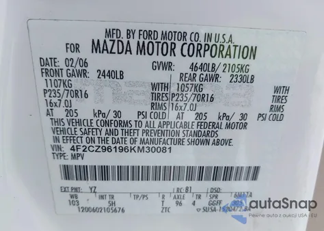 2006 Mazda Tribute S z USA, uszkodzony, nr VIN 4F2CZ96196KM30081